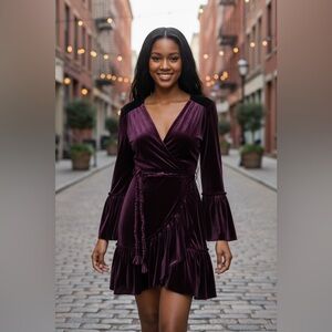 MISA LOS ANGELES Velvet Wrap Dress in Deep Burgundy